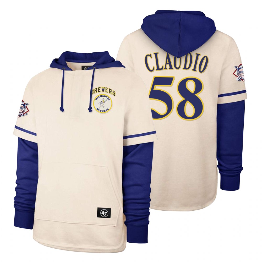 Men Milwaukee Brewers #58 Claudio Cream 2021 Pullover Hoodie MLB Jersey